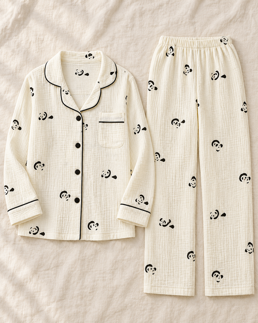 100% Cotton Muslin Pajama Set for Women, Cute Print Long Sleeve