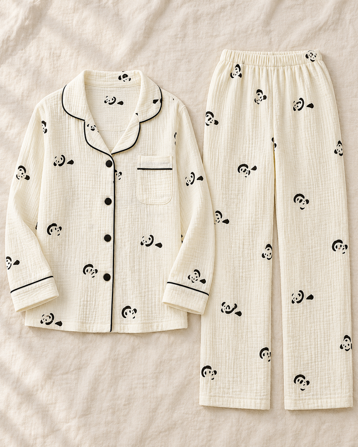100% Cotton Muslin Pajama Set for Women, Cute Print Long Sleeve