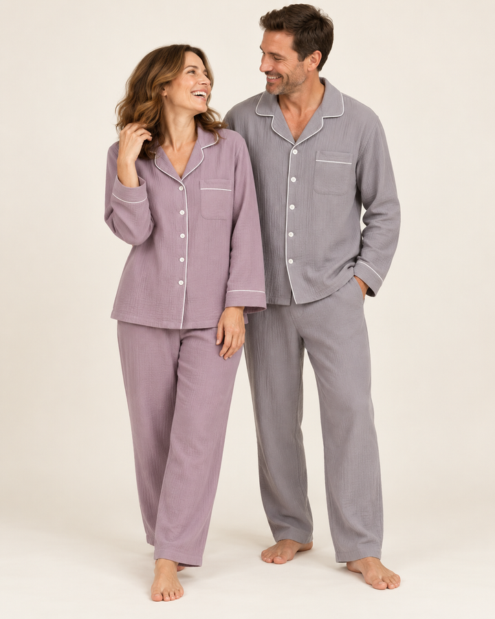 Matching Couples Pajamas, 100% Cotton Muslin Long Sleeve Button Set