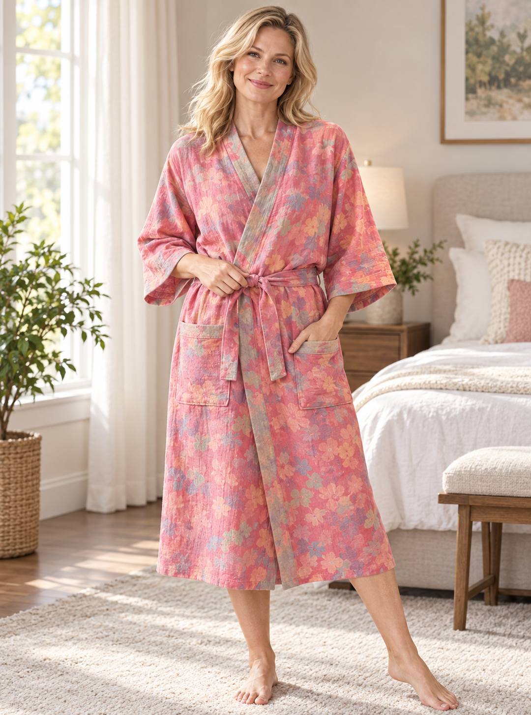 Cotton Gauze Robe for Women, Floral Print Kimono Wrap