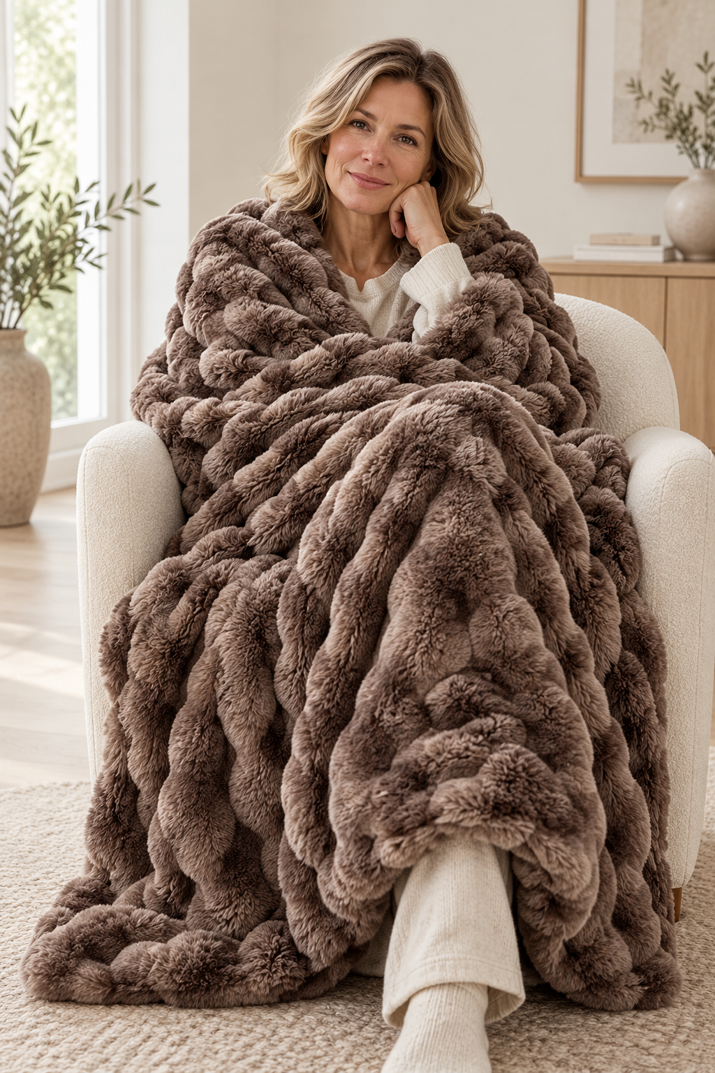 Faux Fur Throw Blanket, Cozy Plush Bubble Fleece 39 x 63 in