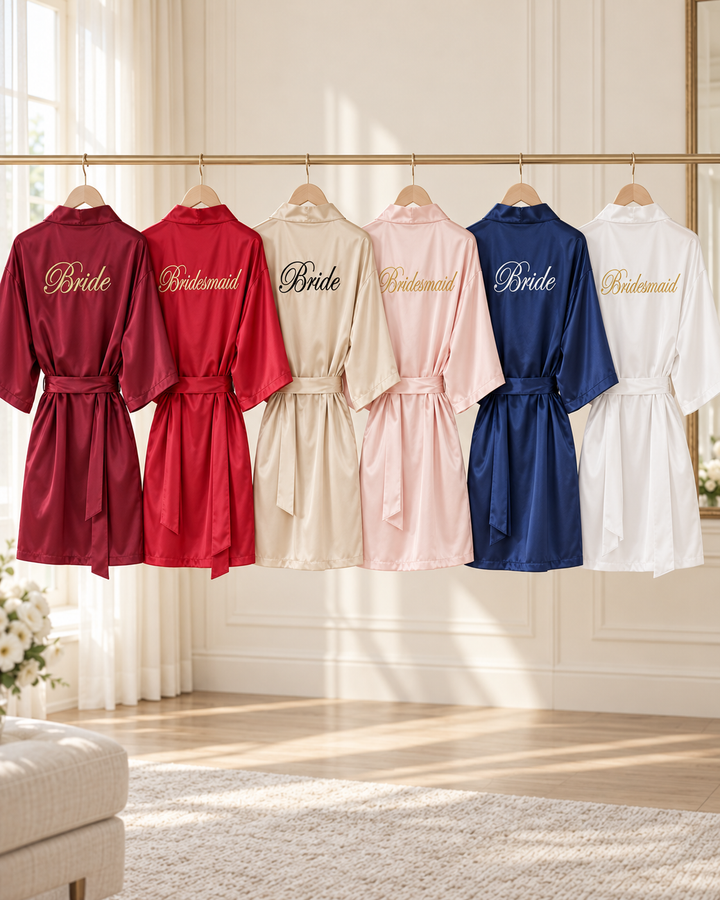 Bridal Party Satin Robe, Embroidered Bride &amp; Bridesmaid Kimono