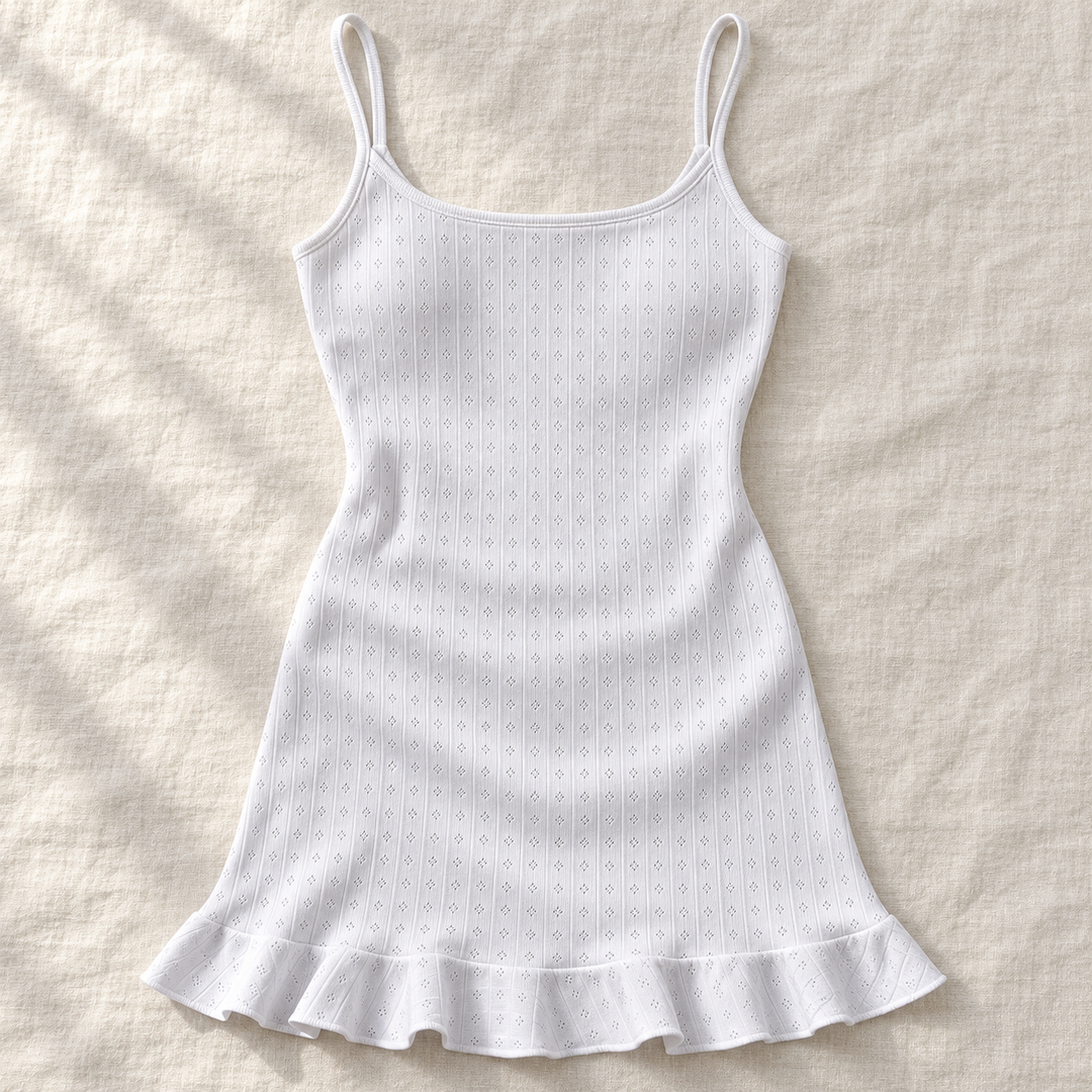 100% Cotton Pointelle Nightgown, Ruffle Hem Mini Chemise