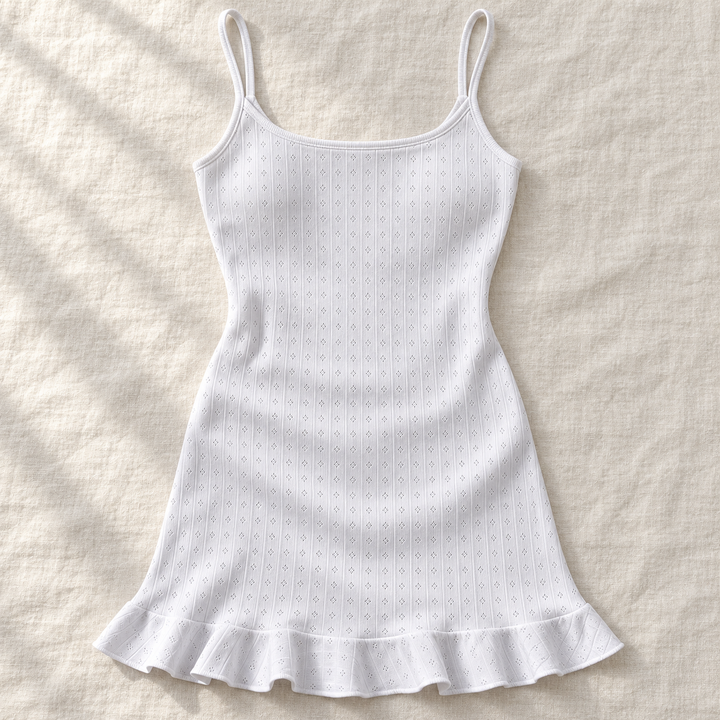 100% Cotton Pointelle Nightgown, Ruffle Hem Mini Chemise
