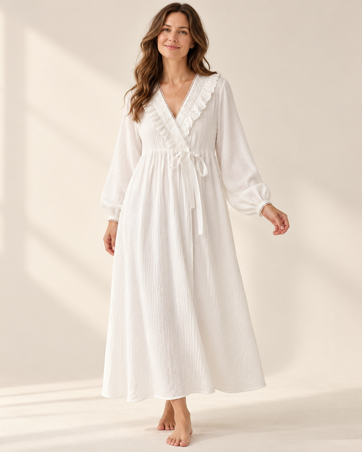 Cotton Nightgown for Women, White Prairie Lace V-Neck