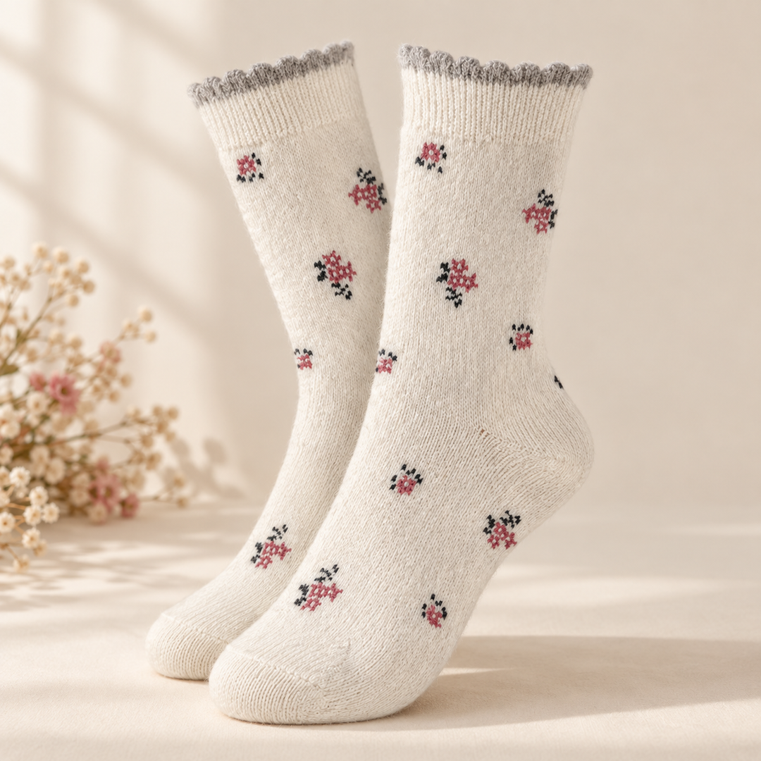 Wool Crew Socks for Women, Floral Knit with Lace Trim