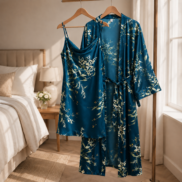 Satin Robe and Short Set - Three Piece