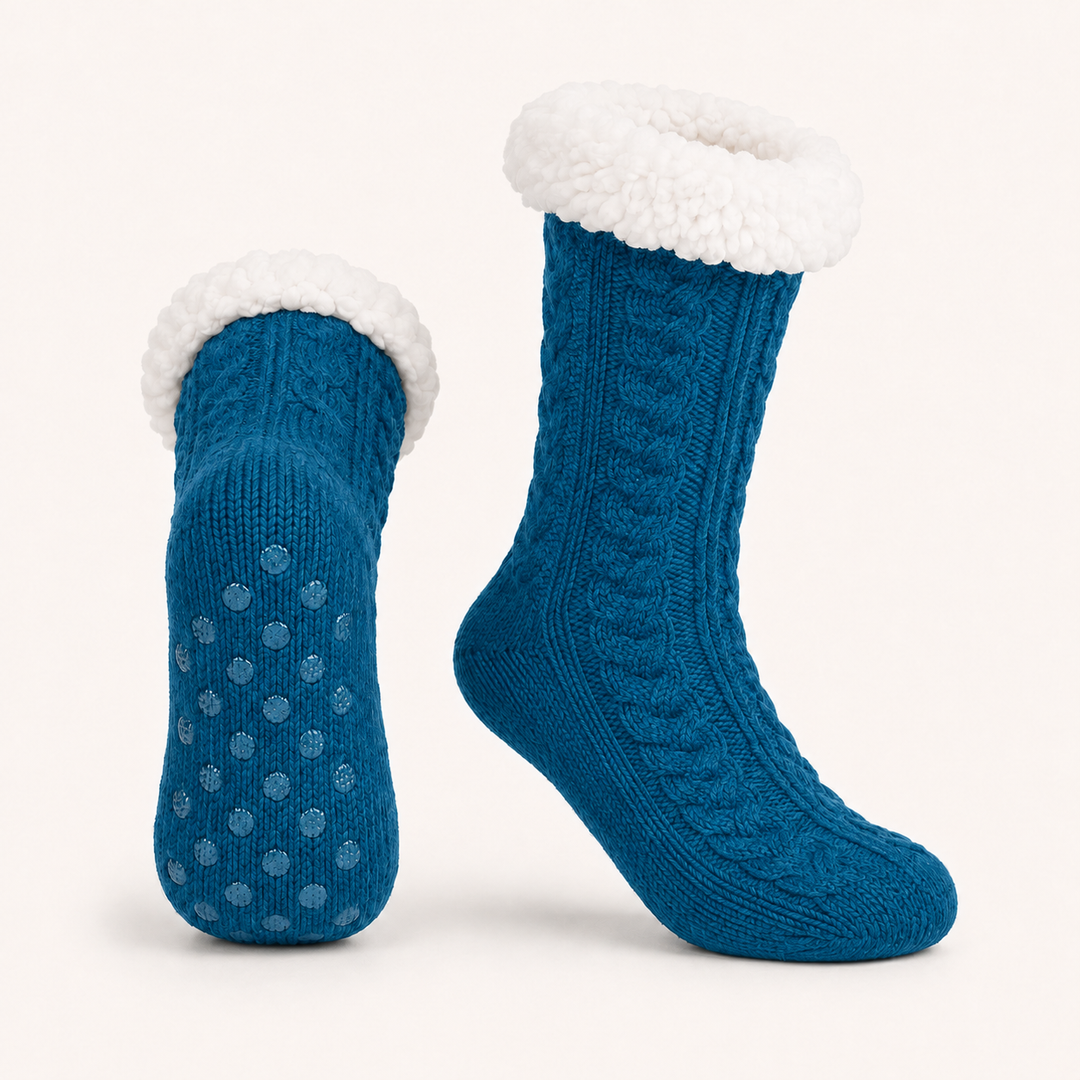 Cable Knit Slipper Socks - Sherpa Cuff, Non Slip