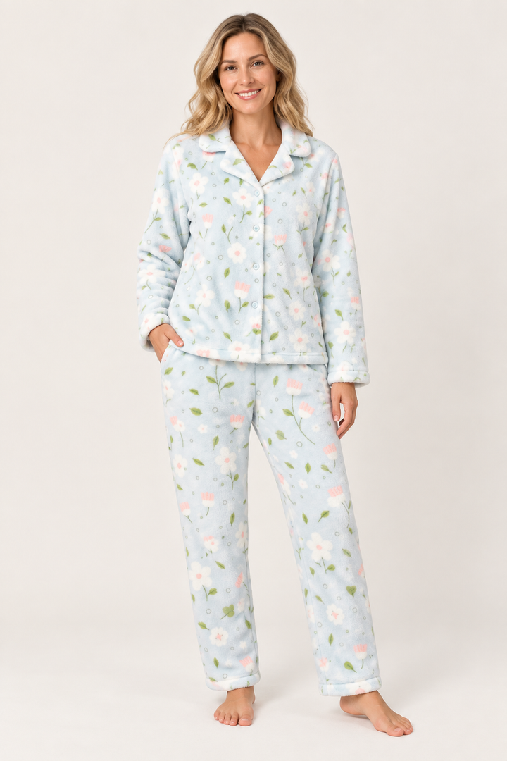Fuzzy Fleece Cardigan Pajama Set for Women, Floral