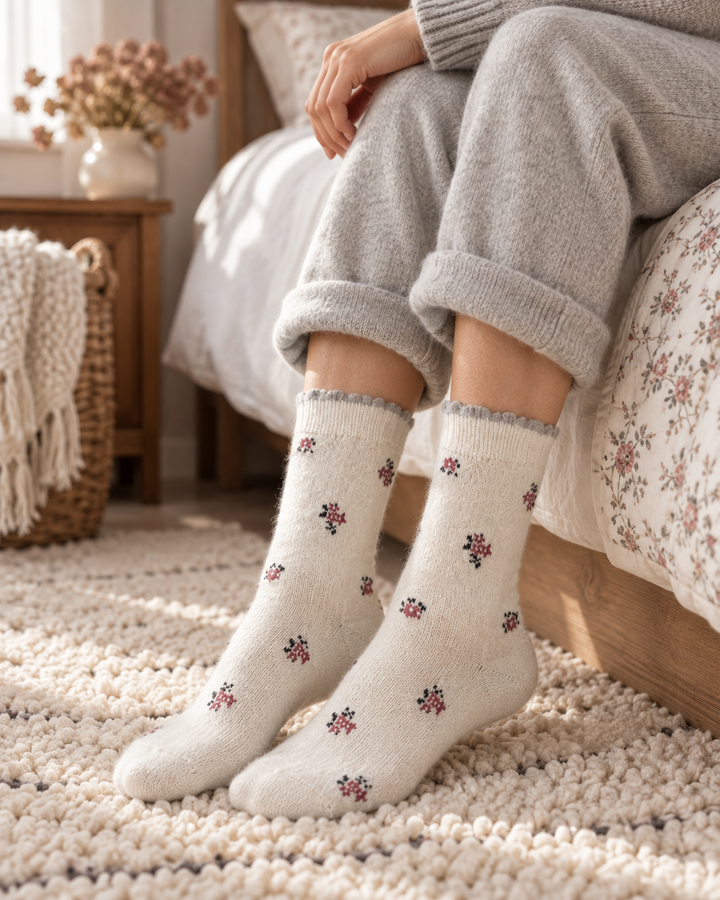 Wool Crew Socks for Women, Floral Knit with Lace Trim