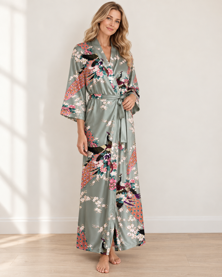 Long Satin Kimono Robe for Women, Peacock Print with Tie Belt