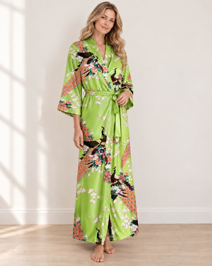 Long Satin Kimono Robe for Women, Peacock Print with Tie Belt