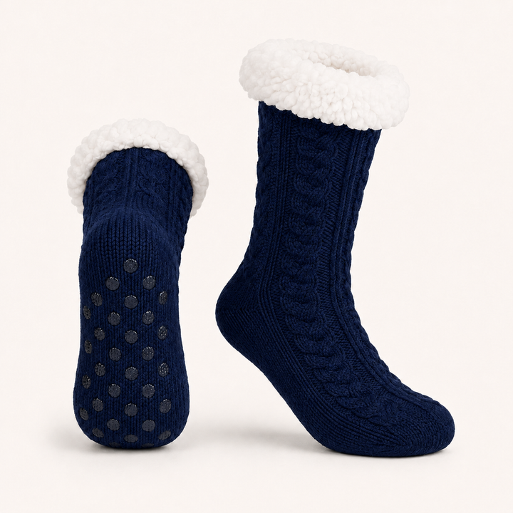 Cable Knit Slipper Socks - Sherpa Cuff, Non Slip