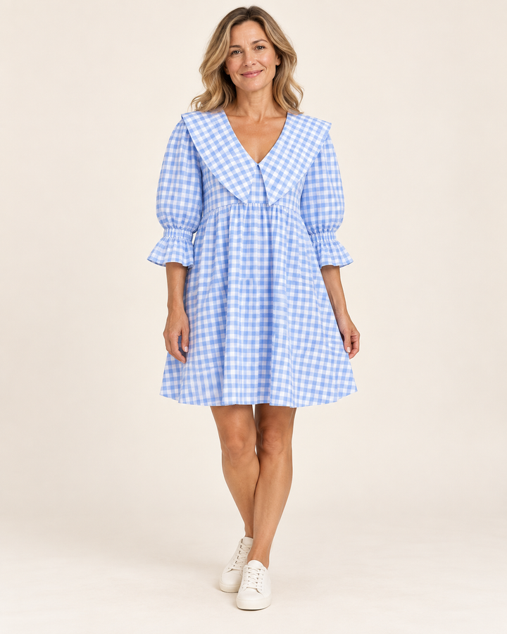 100% Cotton Plaid House Dress in Light Blue, Puff Sleeve