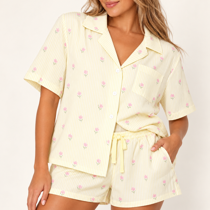 Striped Pajama Set for Women, Printed Button-Down Top &amp; Shorts