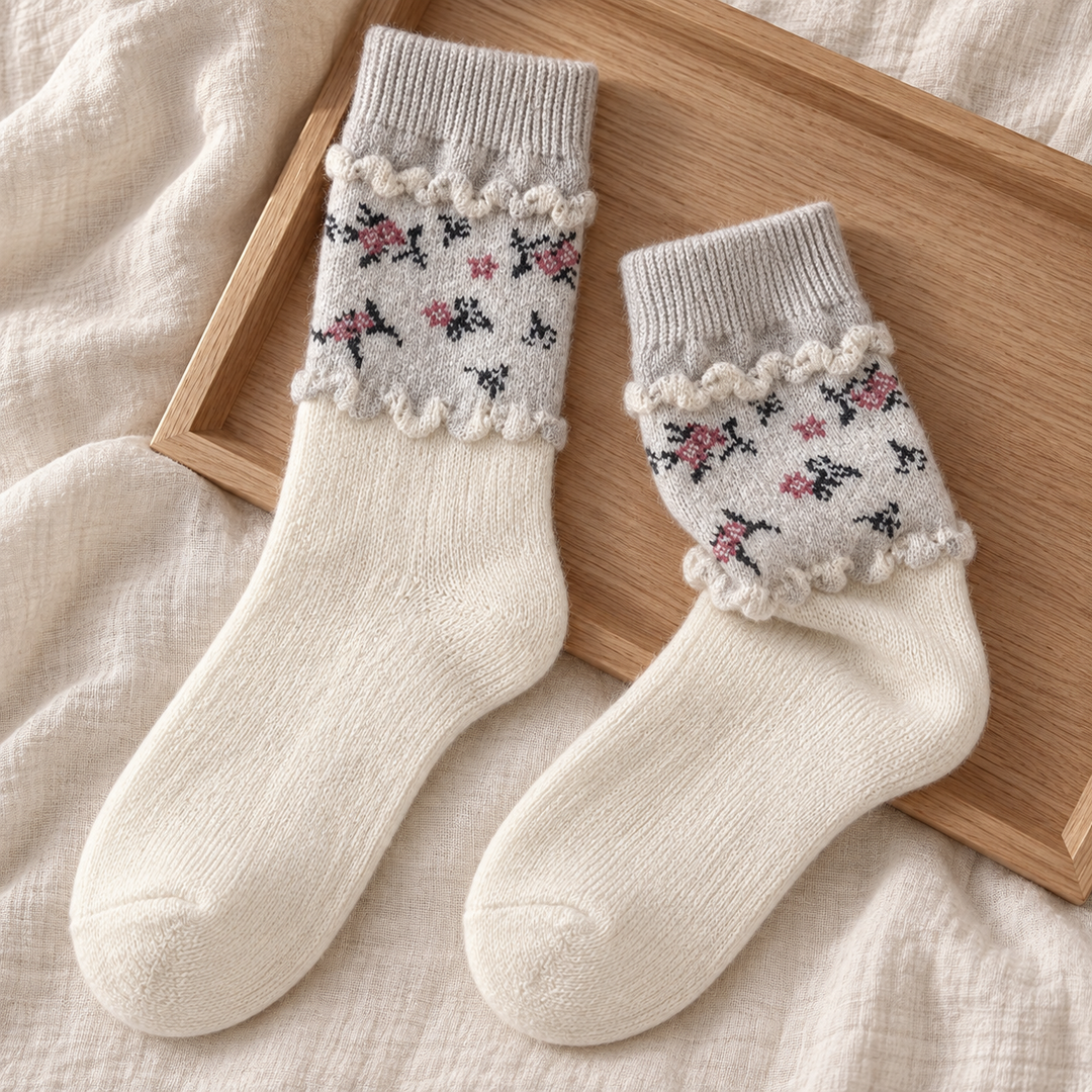 Wool Crew Socks for Women, Floral Knit with Lace Trim