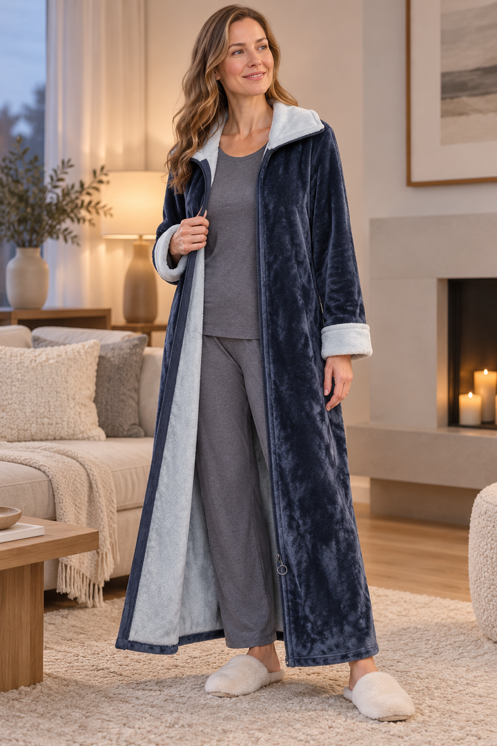 Long Zip-Front Flannel Fleece Robe for Women, Warm Housecoat