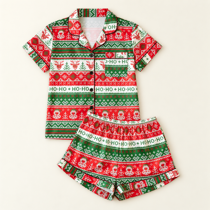 Satin Christmas Pajama Set for Women, Short Sleeve Shorts
