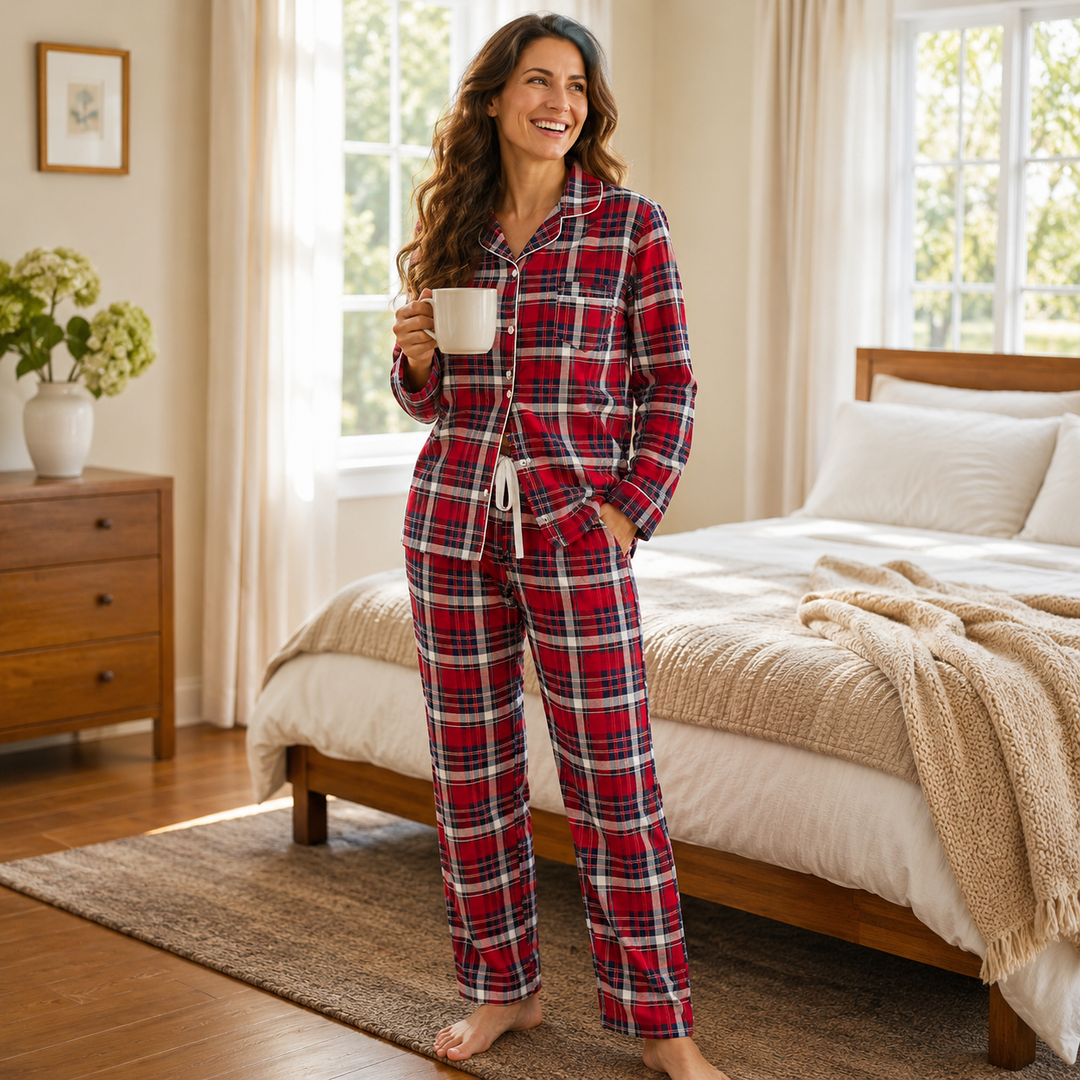 Red Plaid Pajama Set for Women, Long Sleeve with Turn-Down Collar