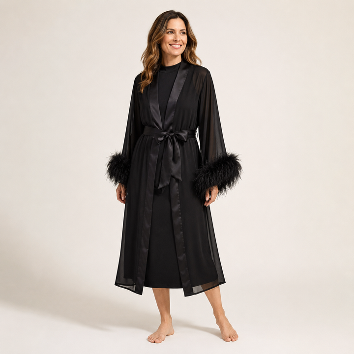 Sheer Feather Trim Robe - Long Sleeve