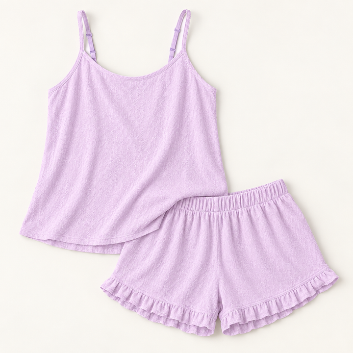 Waffle Cami and Shorts Set for Women, Ruffle Trim