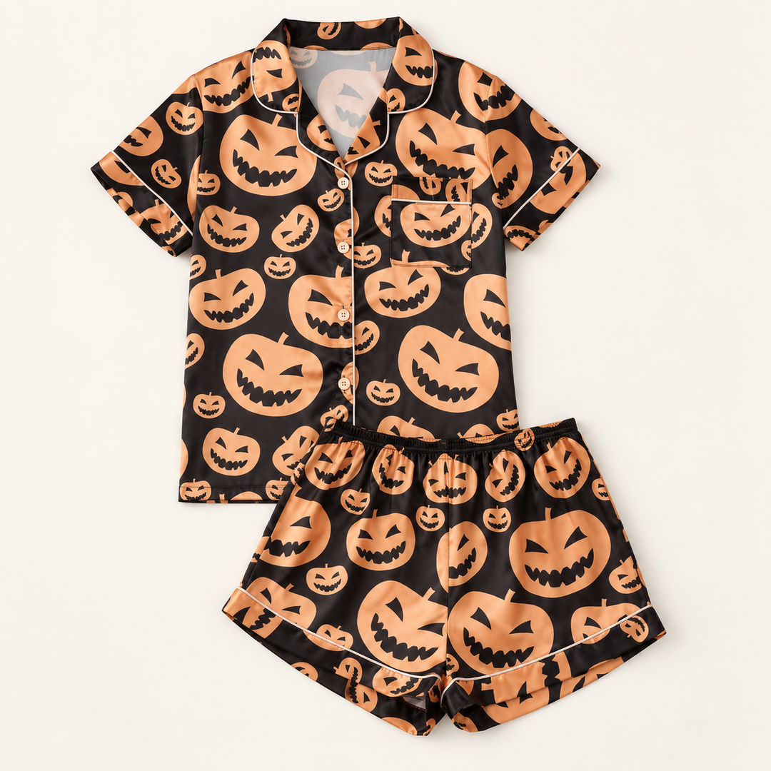 Orange Pumpkin Satin Halloween Pajama Set for Women