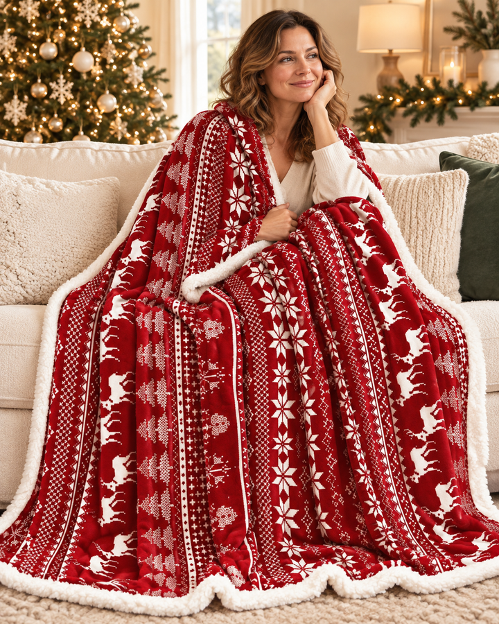 Fleece Christmas Blanket, Red and Green Knitted Stripe Gift