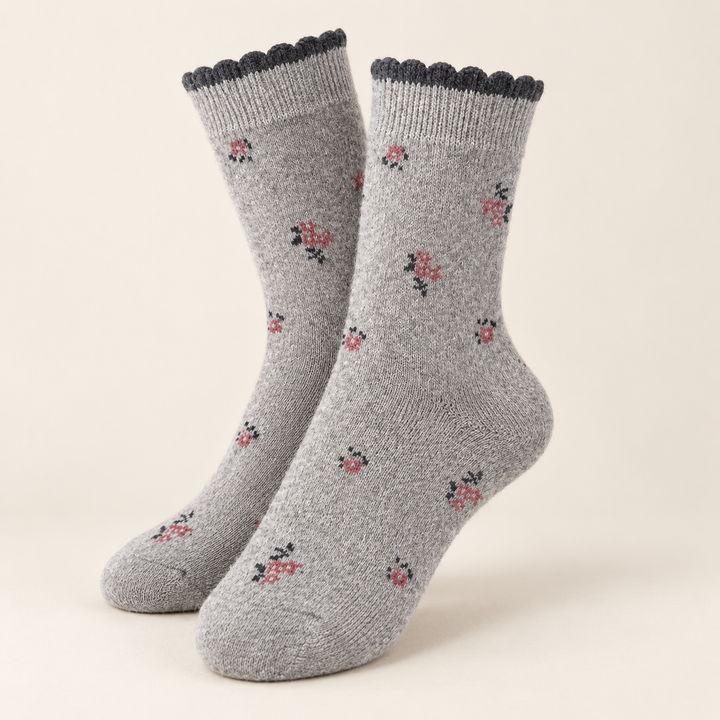 Wool Crew Socks for Women, Floral Knit with Lace Trim
