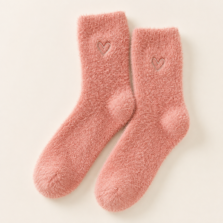 Fluffy Socks for Women, Soft Embroidered Heart Crew Socks