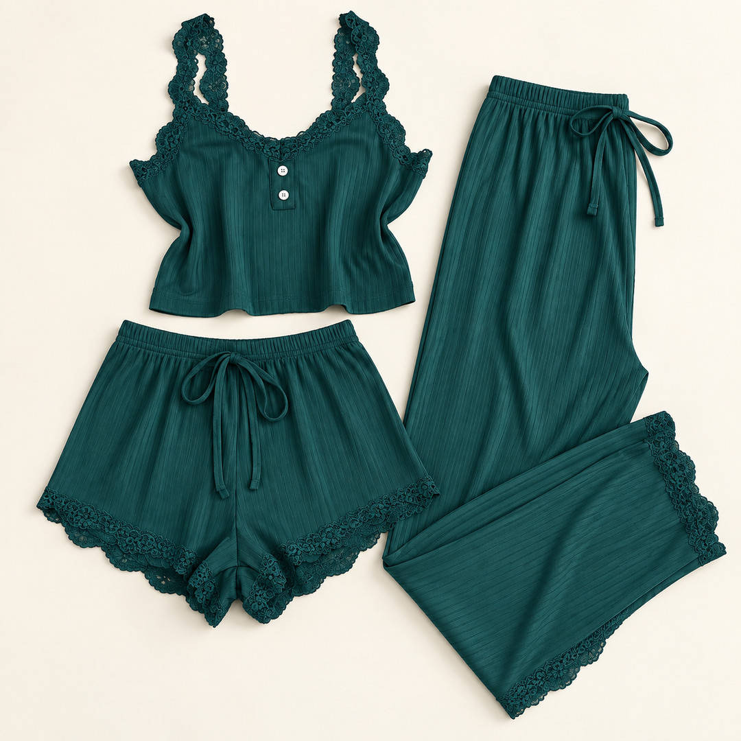 Satin 3-Piece Pajama Set for Women, Cami, Shorts and Pants