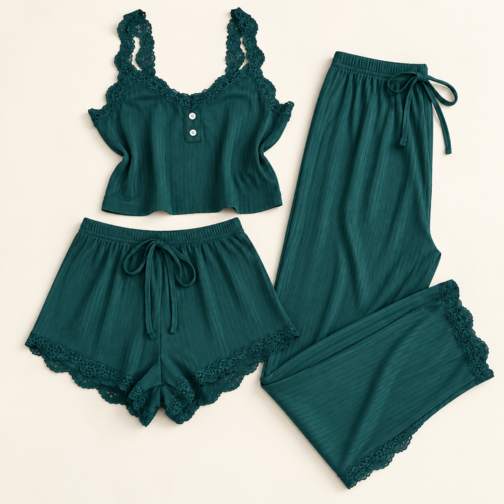 Satin 3-Piece Pajama Set for Women, Cami, Shorts and Pants
