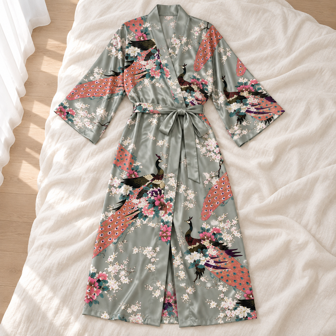 Long Satin Kimono Robe for Women, Peacock Print with Tie Belt