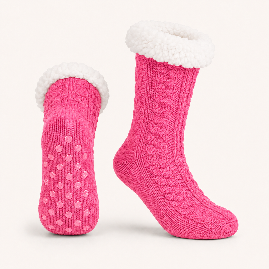 Cable Knit Slipper Socks - Sherpa Cuff, Non Slip
