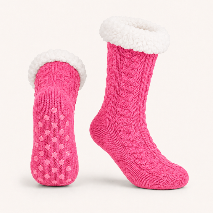 Cable Knit Slipper Socks - Sherpa Cuff, Non Slip