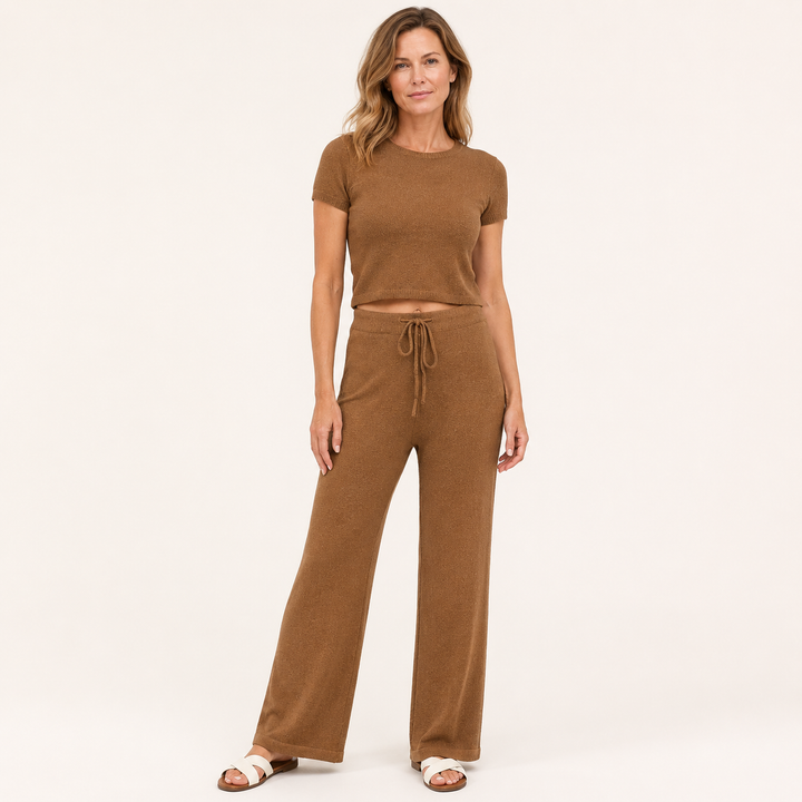 Knit Set for Women, Short Sleeve Top and Wide Leg Pants