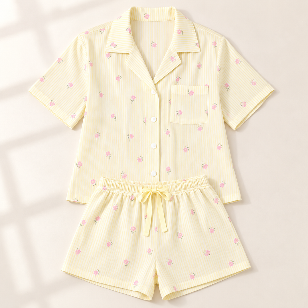 Striped Pajama Set for Women, Printed Button-Down Top &amp; Shorts