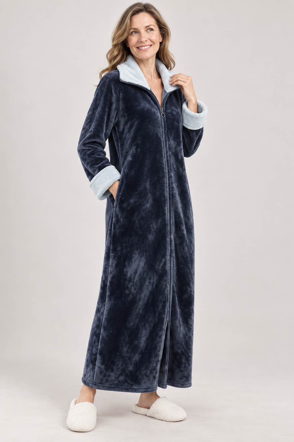 Long Zip-Front Flannel Fleece Robe for Women, Warm Housecoat