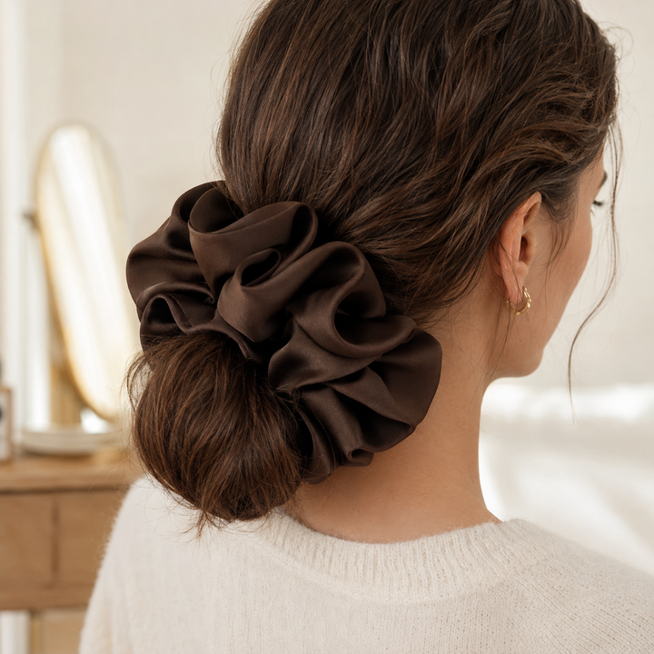 Satin hair scrunchie with a wide soft band - gather detail