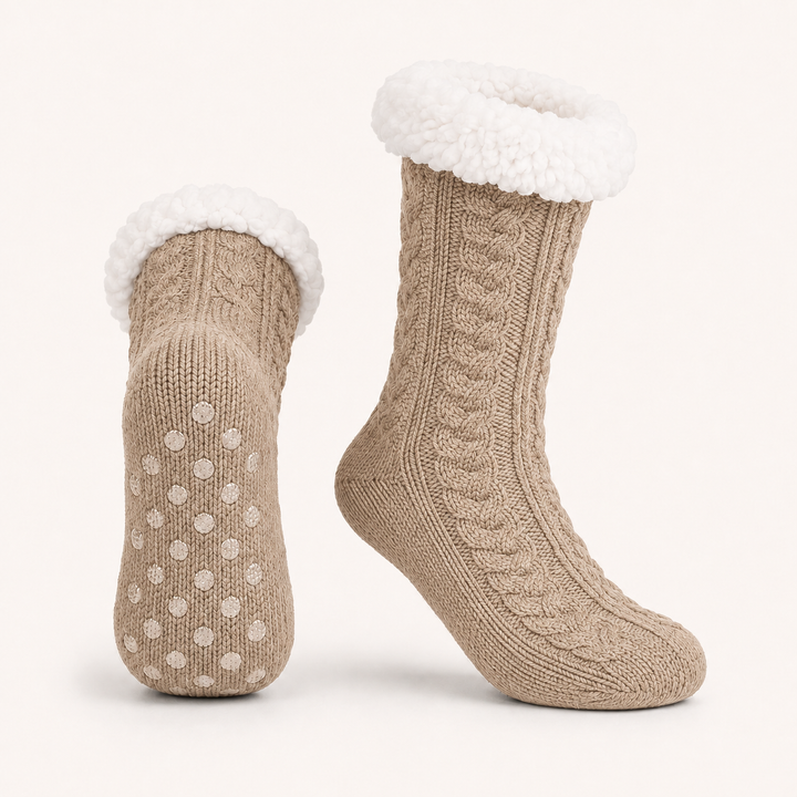 Cable Knit Slipper Socks - Sherpa Cuff, Non Slip