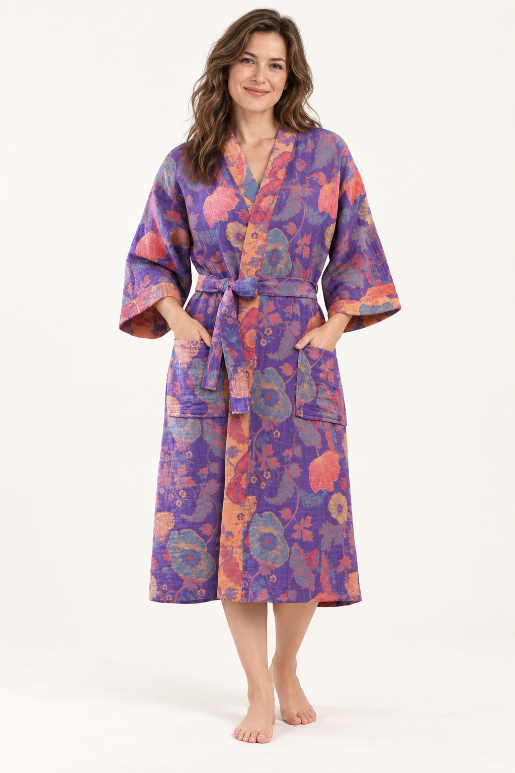 Cotton Gauze Robe for Women, Floral Print Kimono Wrap