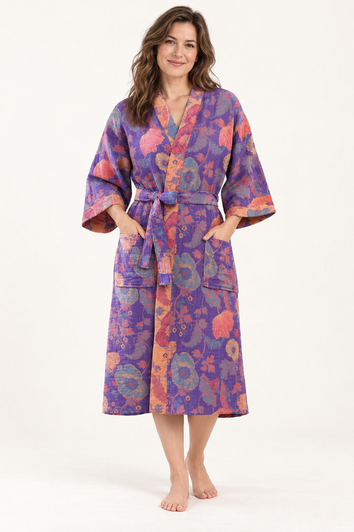 Cotton Gauze Robe for Women, Floral Print Kimono Wrap
