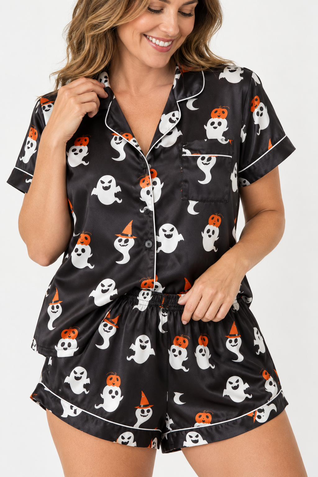 Black Ghost Satin Halloween Pajama Set for Women