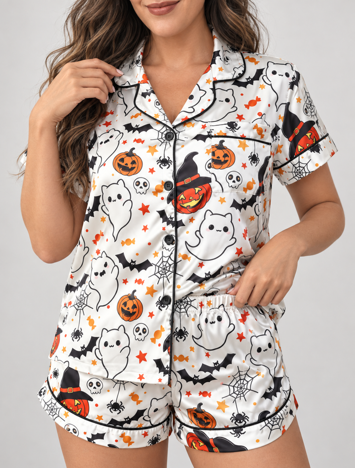 White Ghost Satin Halloween Pajama Set for Women