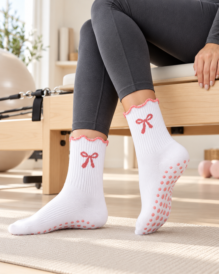 Pilates Grip Socks for Women, Non Slip Crew with Bow Detail