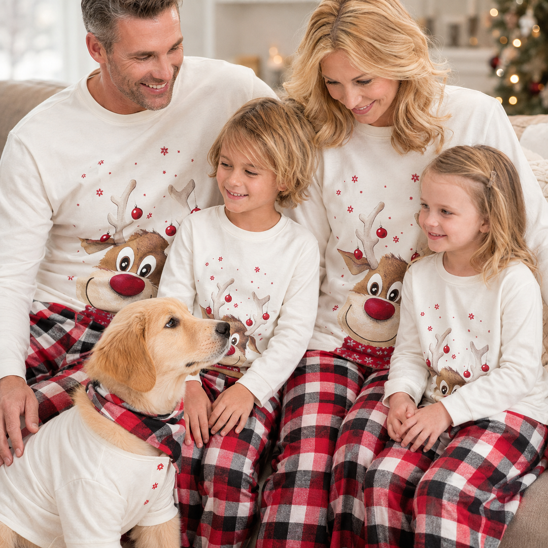 Cream Family Christmas Pajamas, Reindeer Top and Red Plaid Pants – photo 2