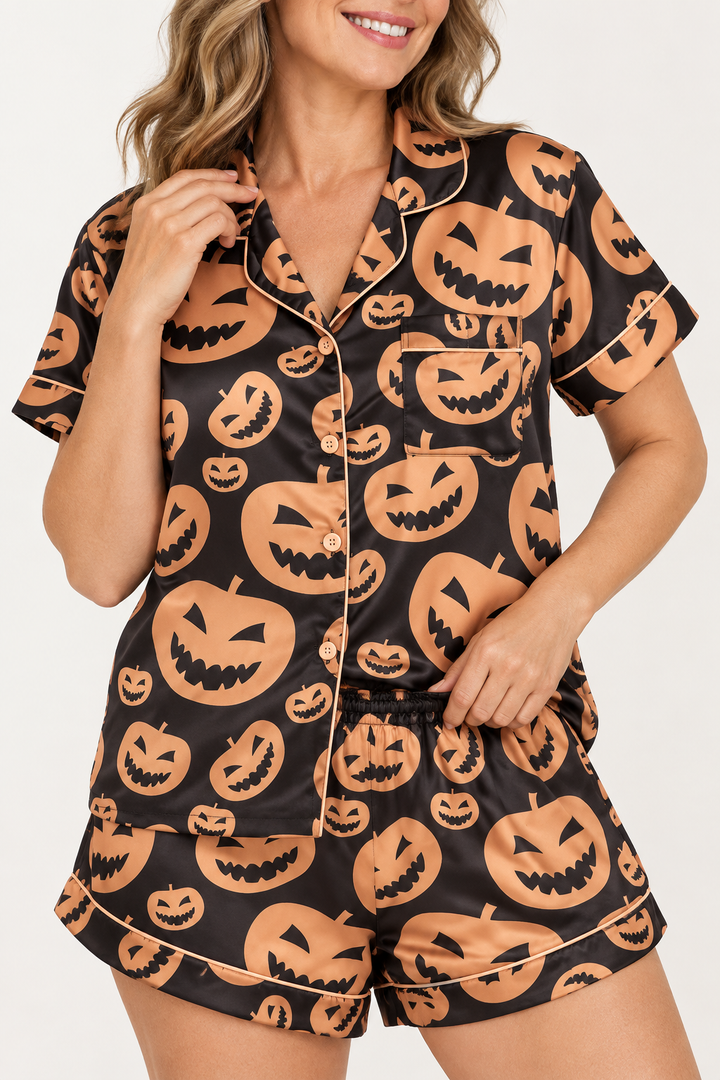 Orange Pumpkin Satin Halloween Pajama Set for Women