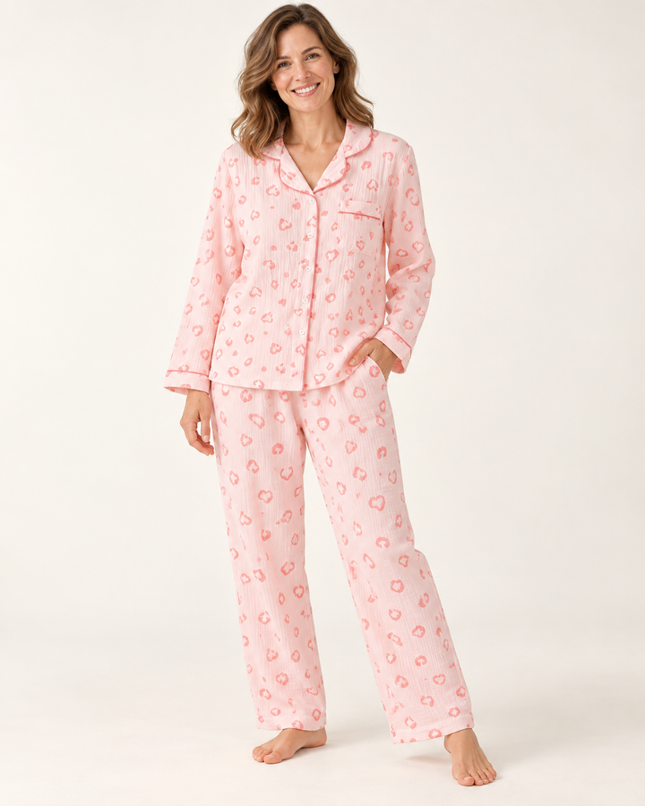 100% Cotton Muslin Pajama Set for Women, Cute Print Long Sleeve