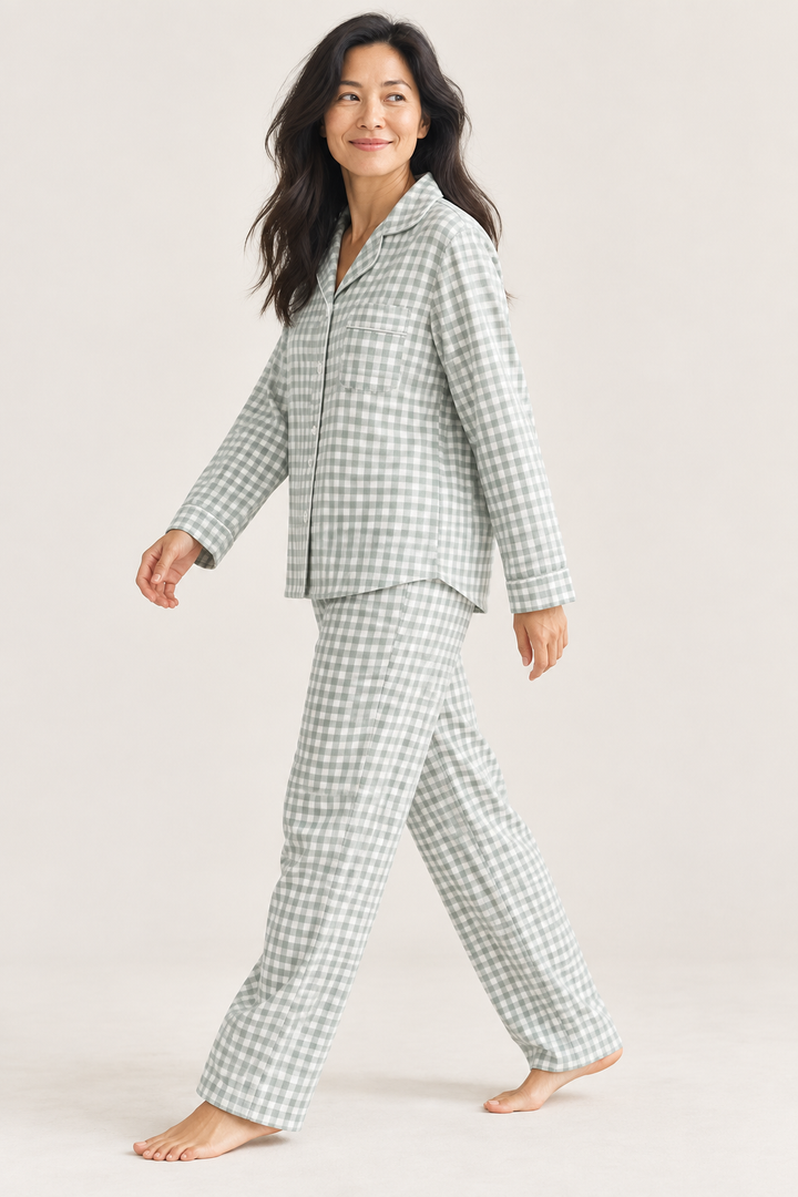 100% Cotton Double Gauze Pajama Set for Women, Plaid Long Sleeve