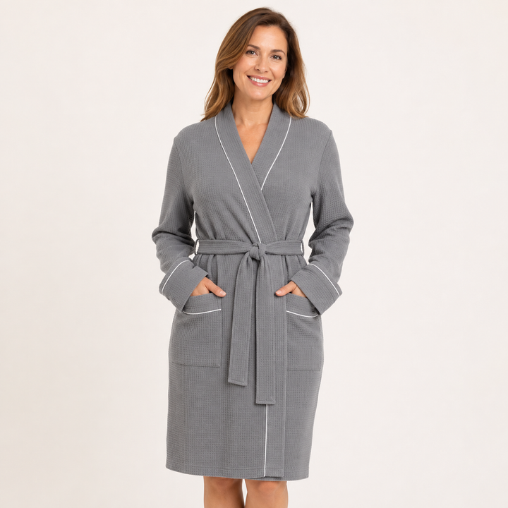 Long Waffle Bathrobe for Women, Cotton V-Neck Robe with Pockets