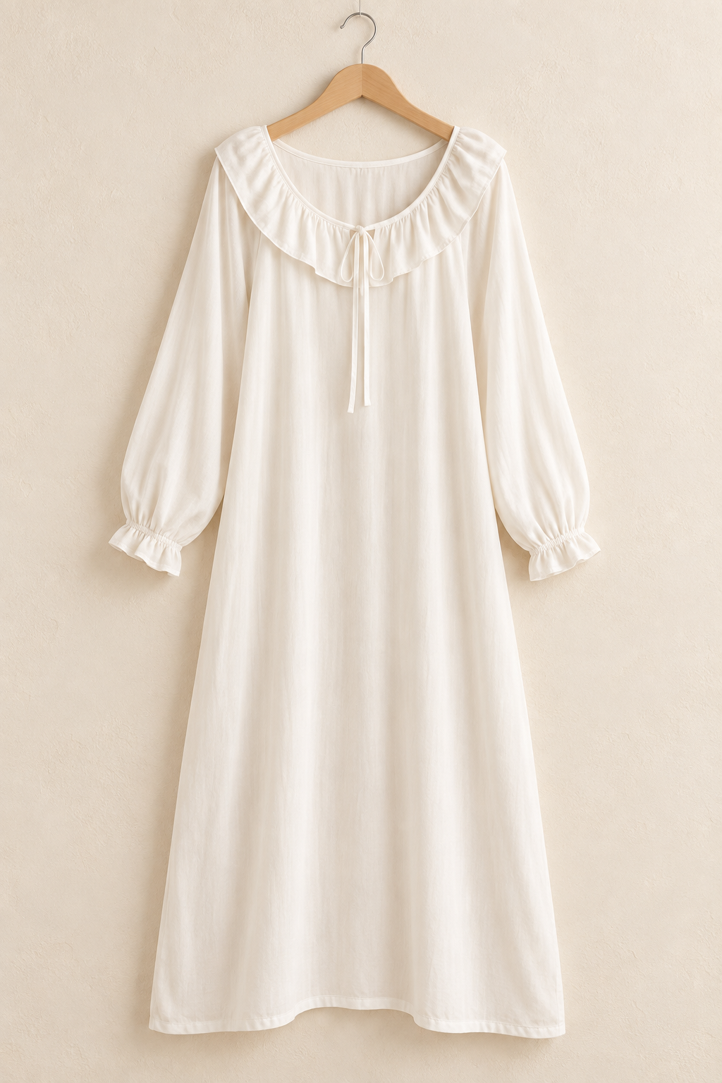 100% Cotton Lace-Trim Nightgown in Ivory, Long Sleeve